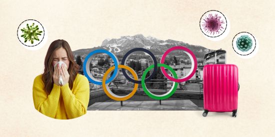 A graphic design featuring Olympic rings, mountains, and a woman dressed in yellow who is sneezing.