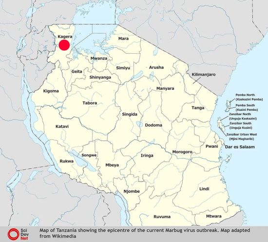 Map of Tanzania showing the epicentre of the current Marburg virua outbreak. Map adapted from Wkimedia.