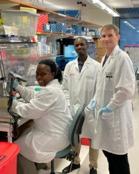 (left to right) Rose Magala and Samiri Jamiru from the Rakai Health Science Program, and Dennis Copertino, research scientist at Weill Cornell Medicine.
