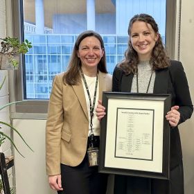 Gretchen Neigh, Ph.D., a professor in the School of Medicine’s Department of Neuroscience and Anatomy, (left) with Hannah Stadtler after Stadtler successfully defended her Ph.D. dissertation. (Contributed image)