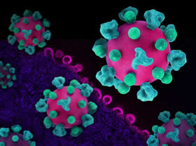 Layout featuring colorized 3D prints of HIV virus particles (pink with teal surface proteins) and a background image that is a colorized transmission electron micrograph of HIV virus particles (pink) budding and replicating from an H9 T cell (purple). Micrograph captured at the NIAID Integrated Research Facility (IRF) in Fort Detrick, Maryland. Note: not to scale.NIAID
