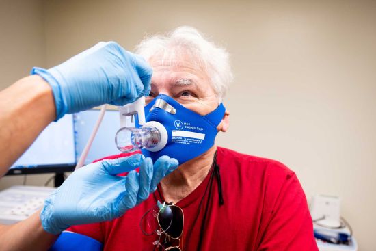 Long COVID patient Michael Dahl does a test as part of UCSF&rsquo;s Long-term Impact of Infection with Novel Coronavirus (LIINC) project at Zuckerberg San Francisco General Hospital. Photo by Noah Berger
