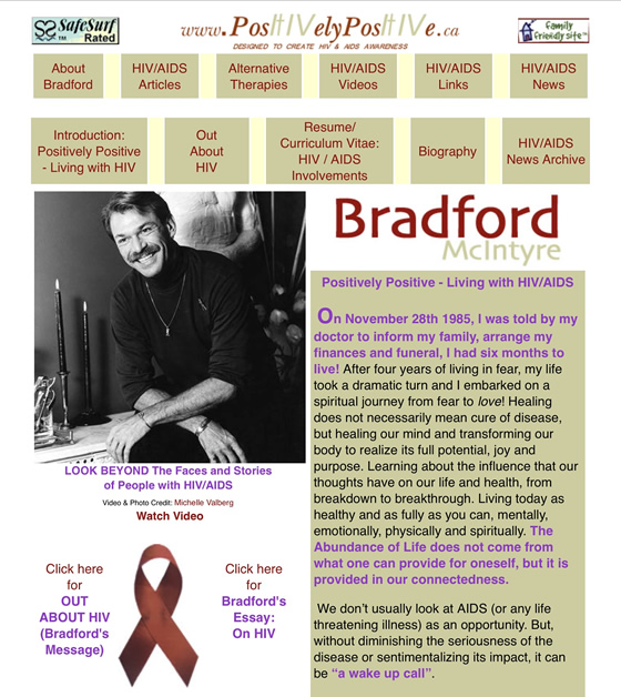 Website Webshot: Bradford McIntyre Positively Positive Living with HIV/AIDS - www.PositivelyPositive.ca